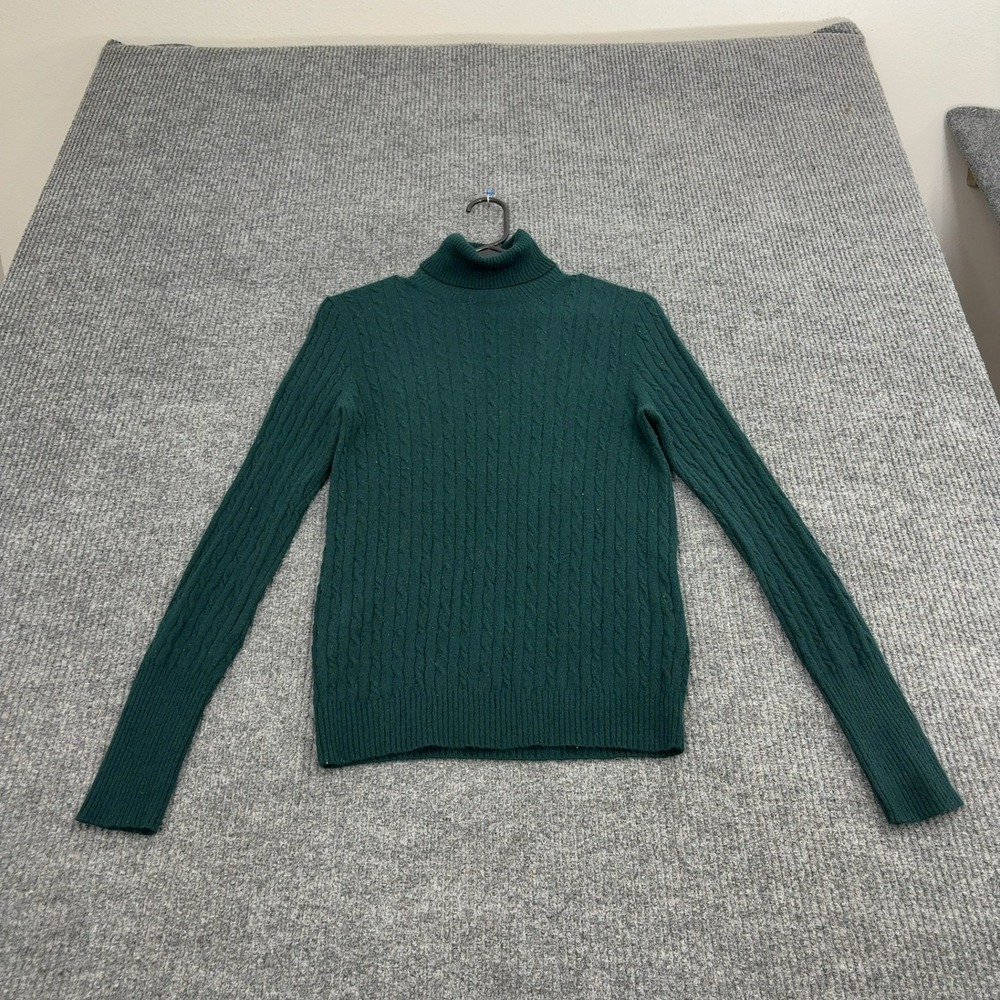 J Crew Sweater Womens M Green Wool Cashmere Cable Knit Turtleneck Preppy Classic